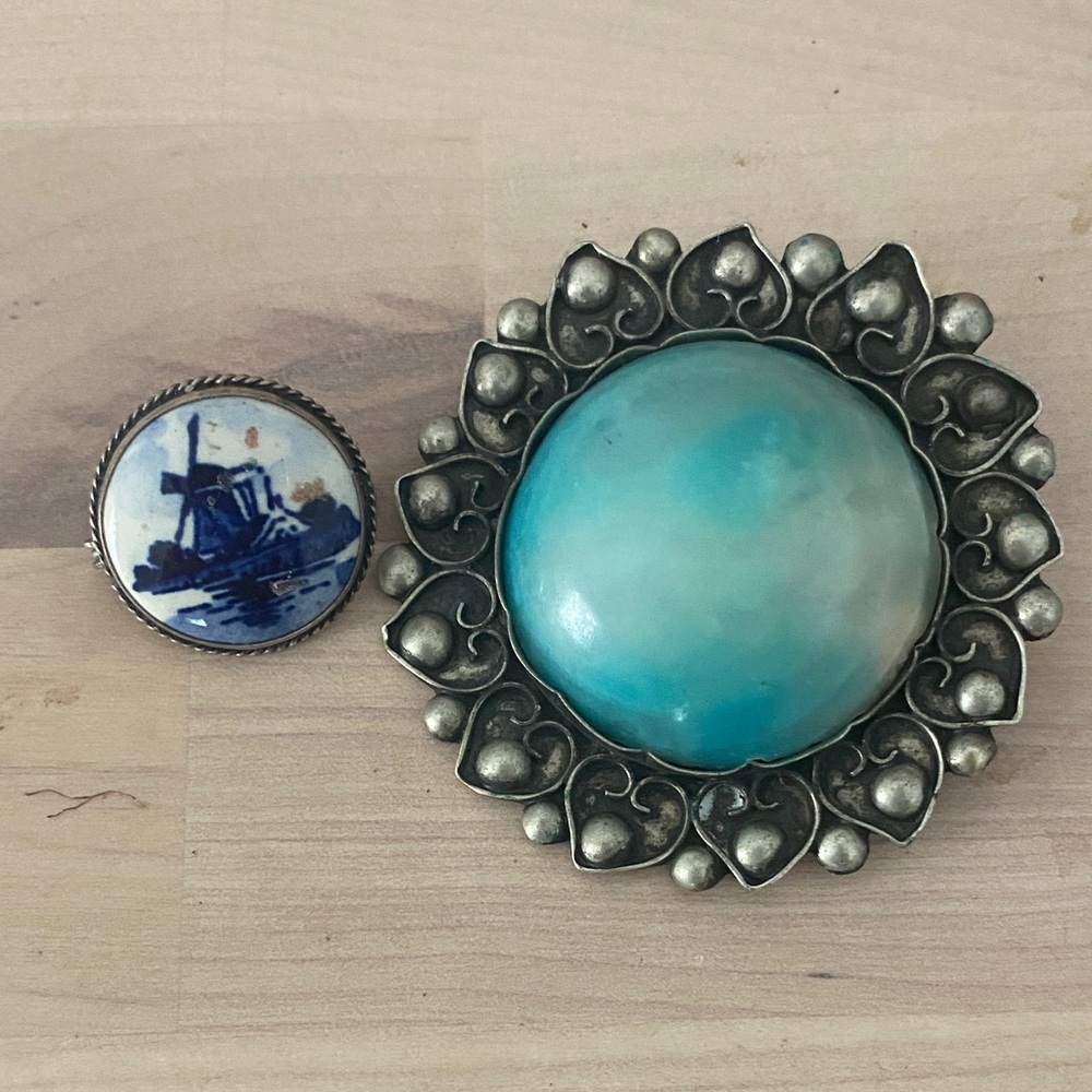 Vintage Silver and Blue Decorative Brooches
